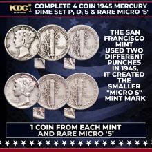 Complete 4 Coin 1945 Mercury Dime Set P, D, S & Rare Micro 'S'