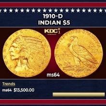 1910-d Gold Indian Half Eagle $5 ms64 USCG