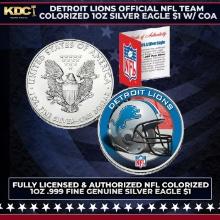 Detroit Lions Official NFL Team Colorized 1oz Silver Eagle $1 w/ COA Other Toy