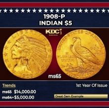 1908-p Gold Indian Half Eagle $5 ms65 USCG
