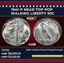 1941-p Walking Liberty Half Dollar Near Top Pop 50c ms68 SEGS