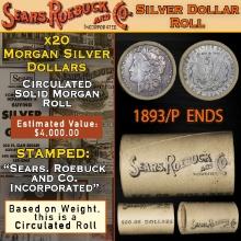 Circulated SEARS Silver Morgan Dollar $1 Roll 20 Coin 1893/'P' Rev Ends