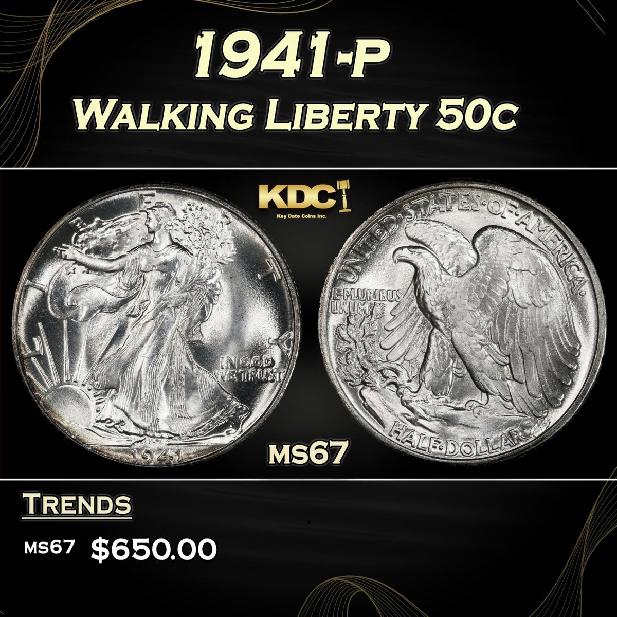 1941-p Walking Liberty Half Dollar 50c ms67 SEGS