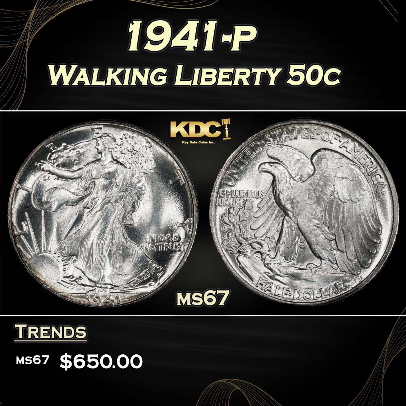 1941-p Walking Liberty Half Dollar 50c ms67 SEGS