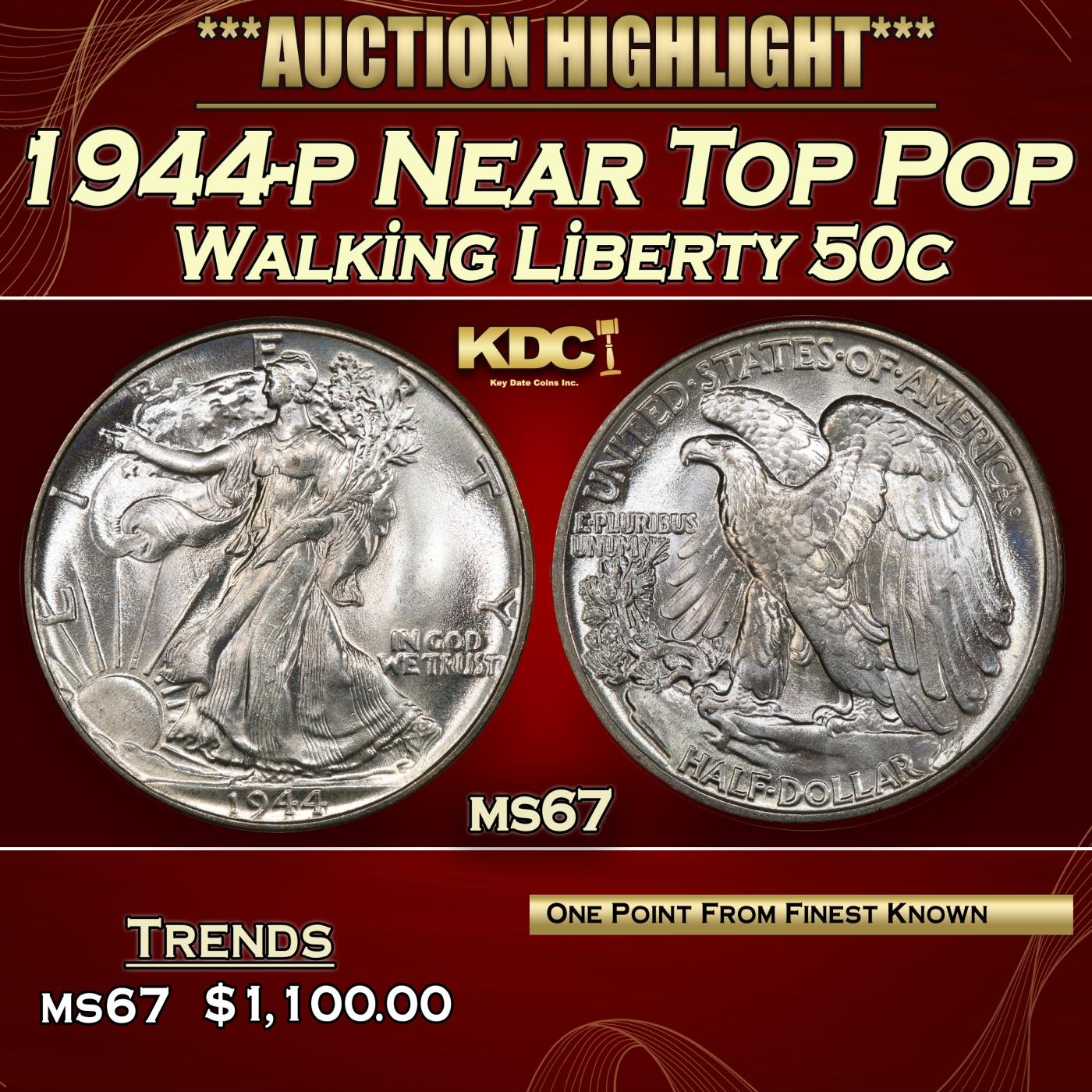 1944-p Walking Liberty Half Dollar Near Top Pop 50c ms67 SEGS