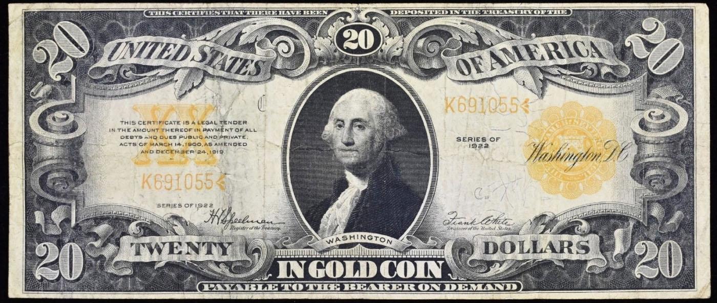 1922 $20 Large Size Gold Certificate Grades vf+ Signatures Speelman/White