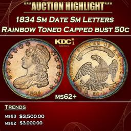 1834 Sm Date Sm Letters Capped Bust Half Dollar Rainbow Toned 50c ms62+ USCG