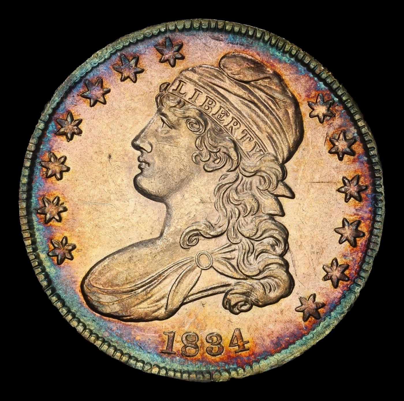 1834 Sm Date Sm Letters Capped Bust Half Dollar Rainbow Toned 50c ms62+ USCG