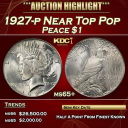 1927-p Peace Dollar Near Top Pop $1 ms65+ SEGS