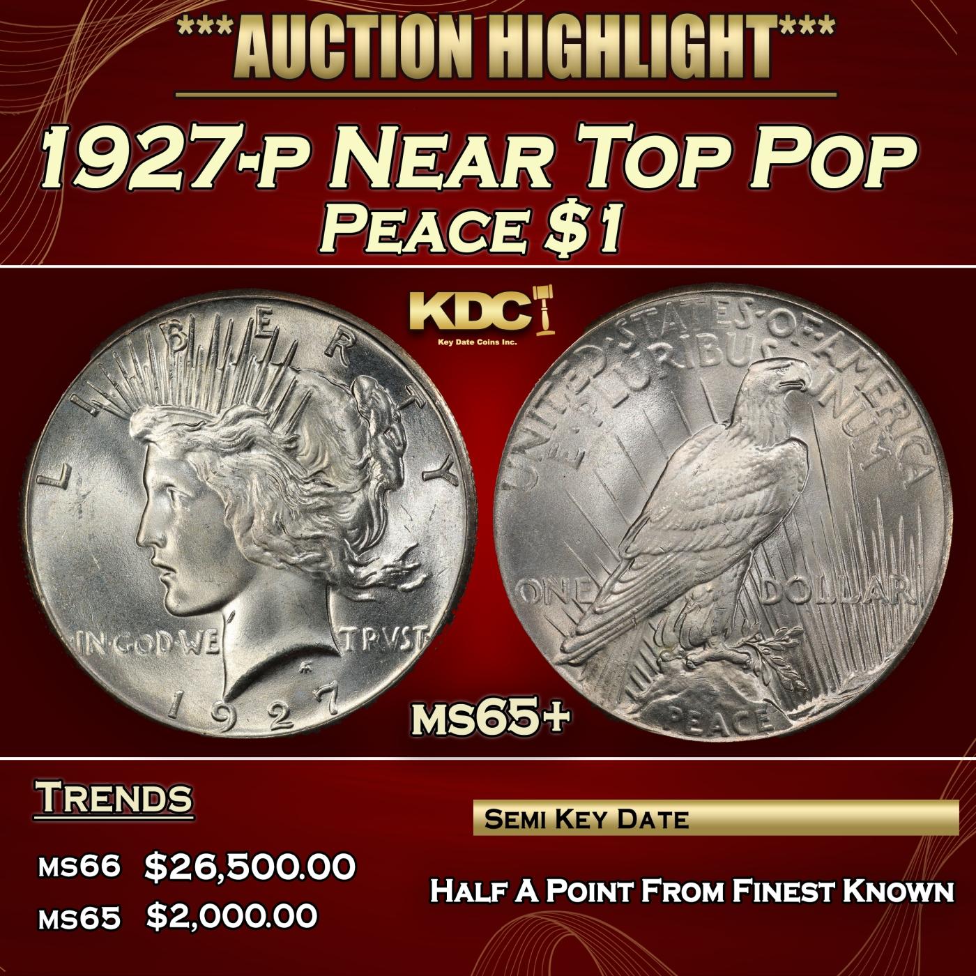 1927-p Peace Dollar Near Top Pop $1 ms65+ SEGS