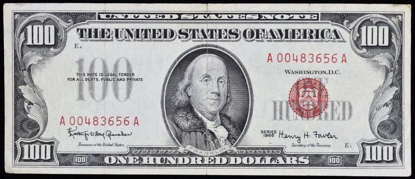 1966 $100 Red Seal United States Note Grades Select AU