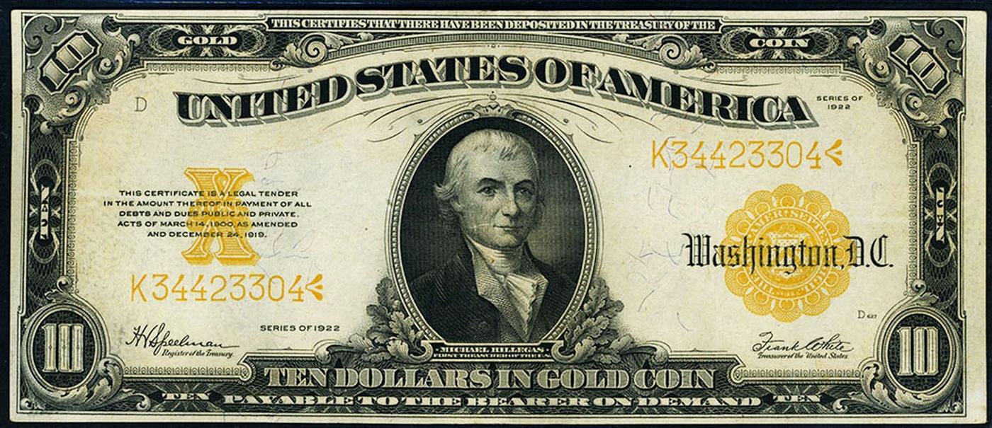 1922 $10 Large Size Gold Certificate Grades Select AU Signatures Speelman/White