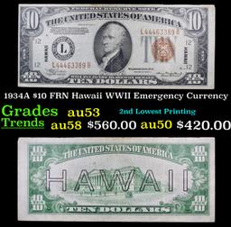 1934A $10 FRN Hawaii WWII Emergency Currency Grades Select AU