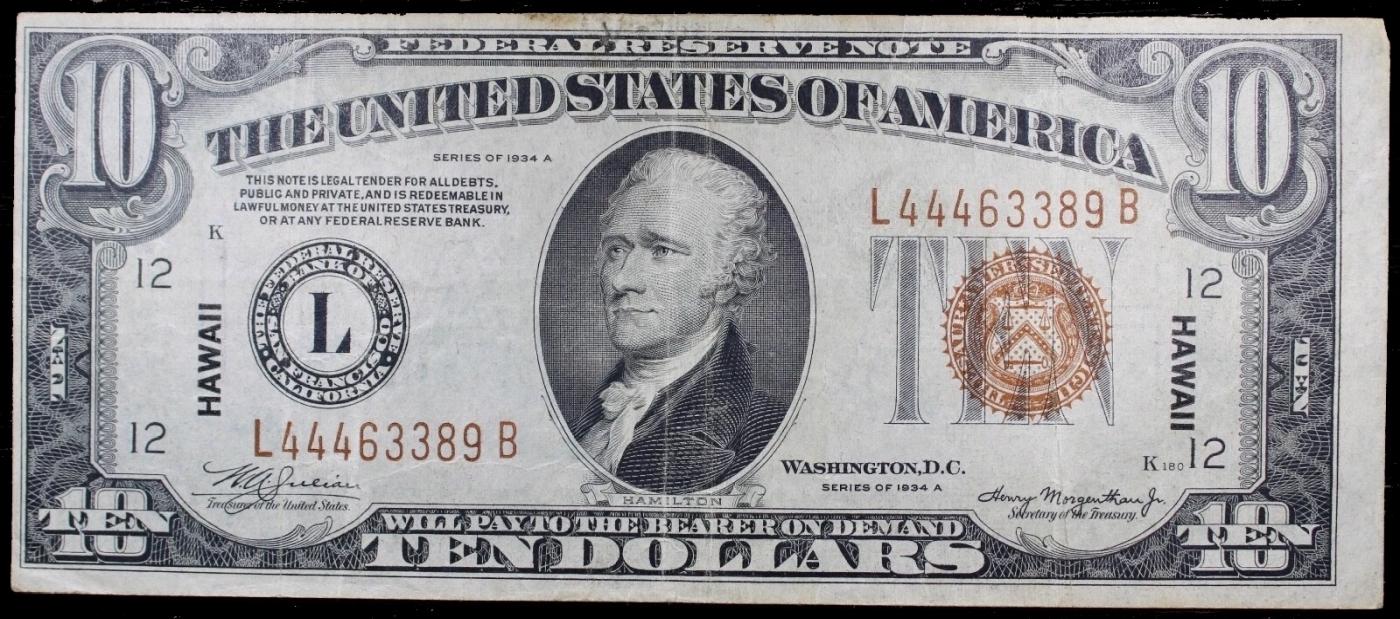 1934A $10 FRN Hawaii WWII Emergency Currency Grades Select AU