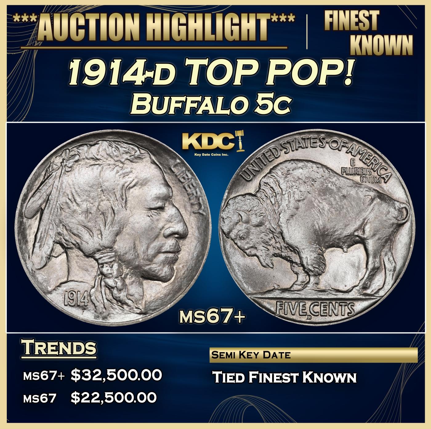 1914-d Buffalo Nickel TOP POP! 5c ms67+ SEGS
