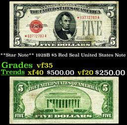 **Star Note** 1928B $5 Red Seal United States Note Grades vf++