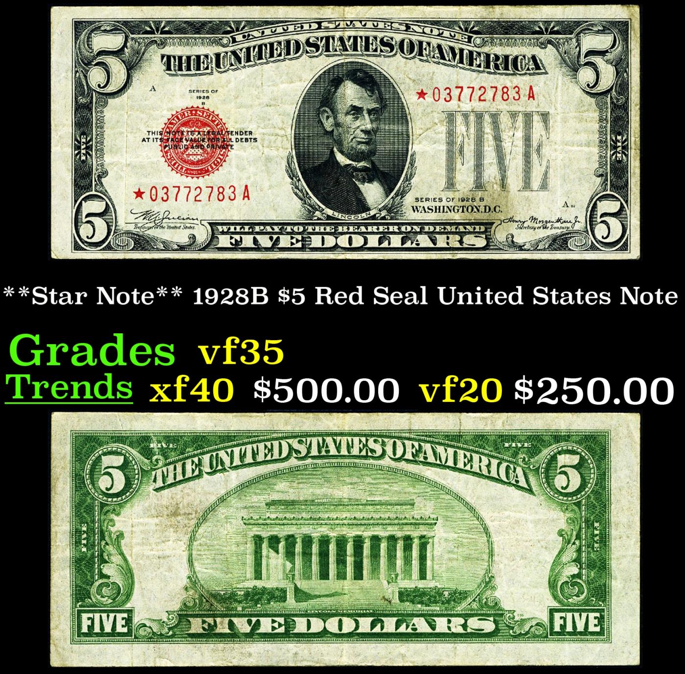 **Star Note** 1928B $5 Red Seal United States Note Grades vf++