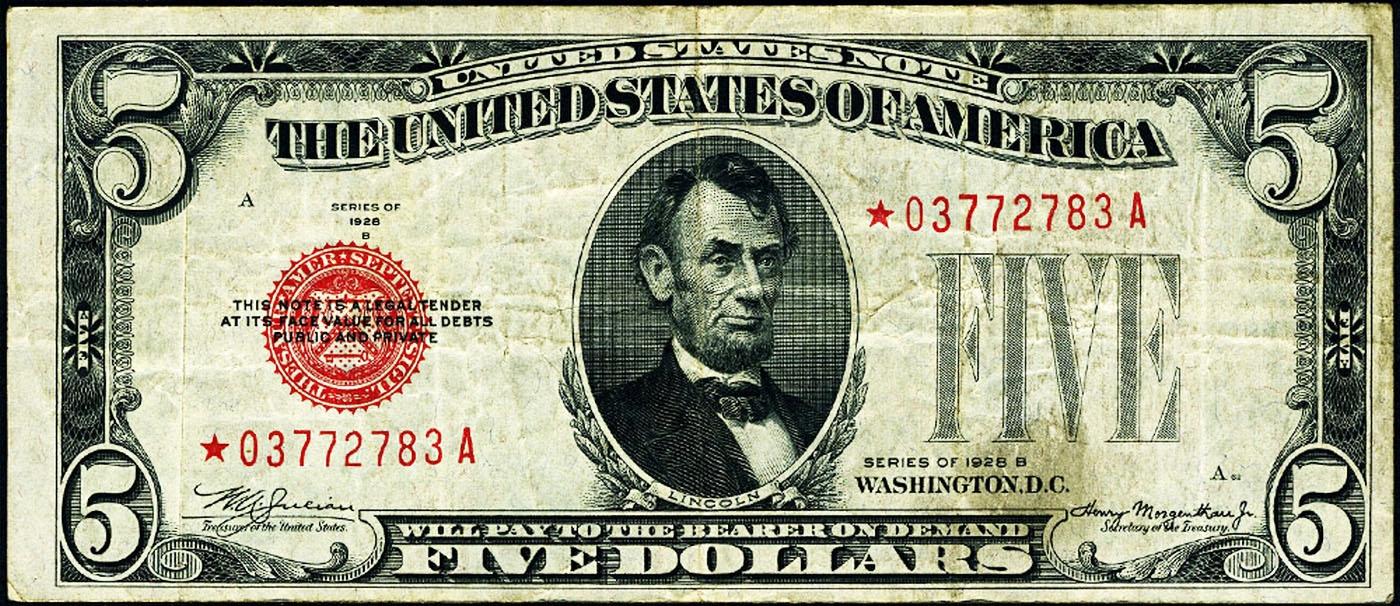 **Star Note** 1928B $5 Red Seal United States Note Grades vf++