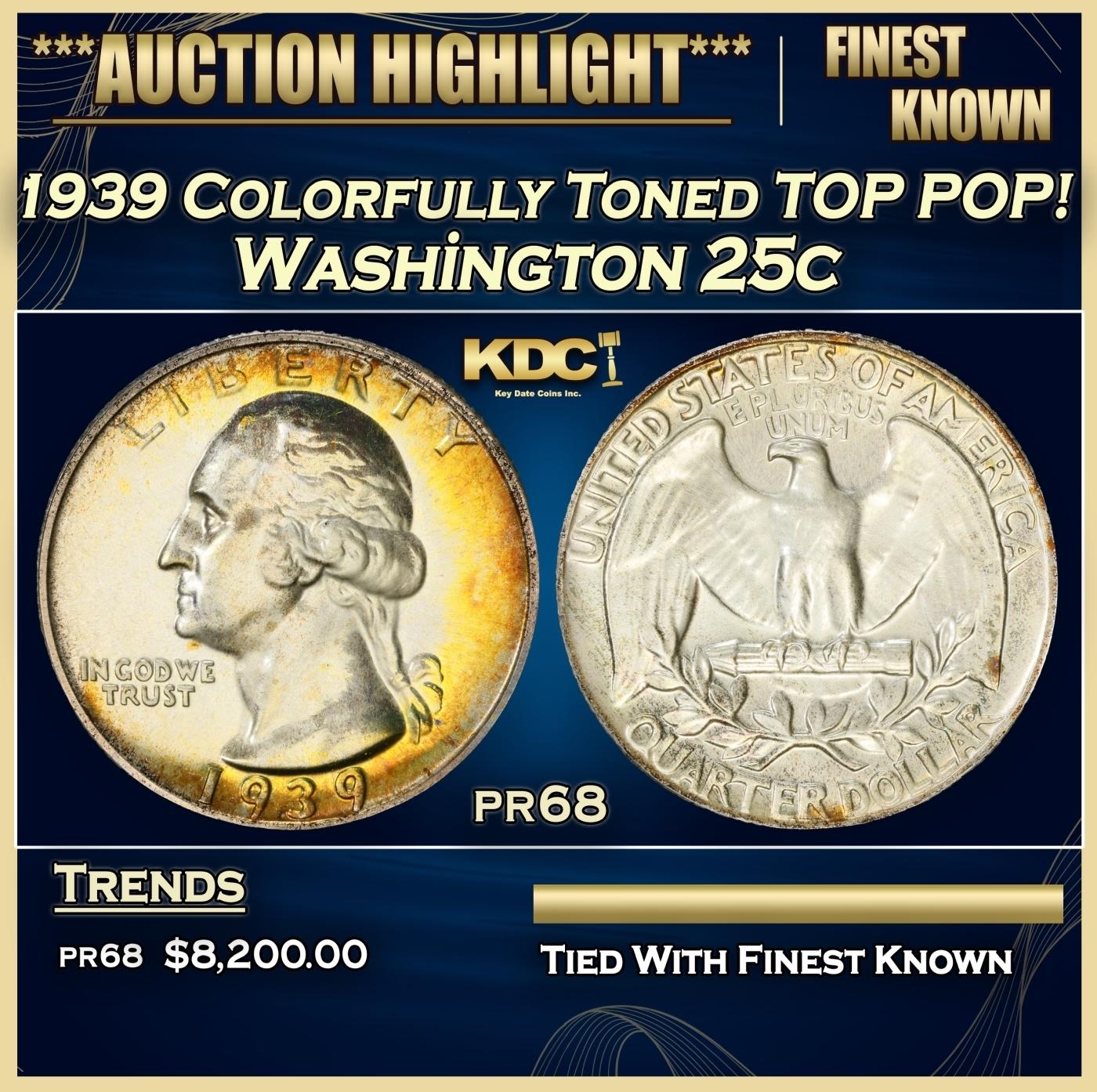 1939 Proof Washington Quarter Colorfully Toned TOP POP! 25c pr68 SEGS