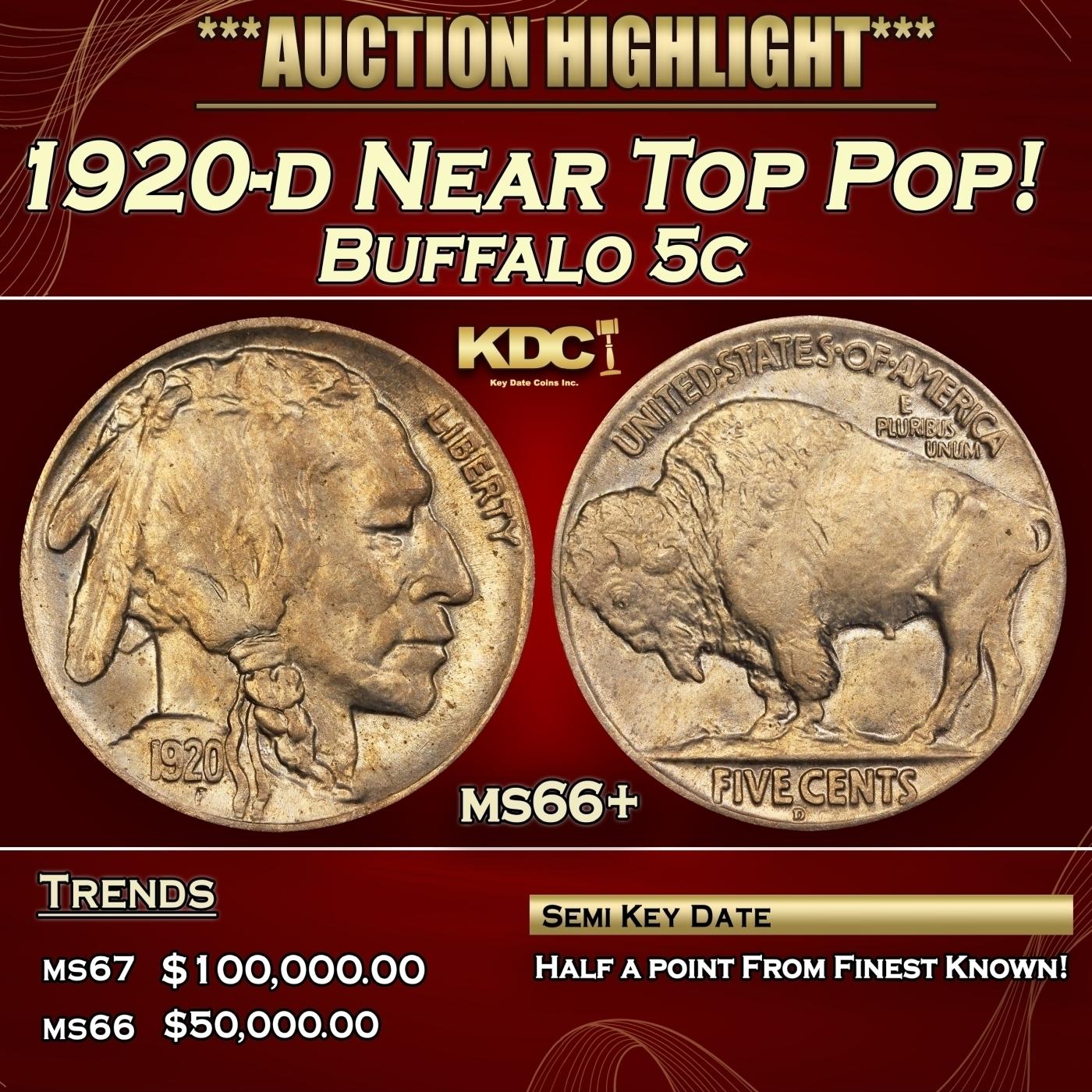 1920-d Buffalo Nickel Near Top Pop! 5c ms66+ SEGS