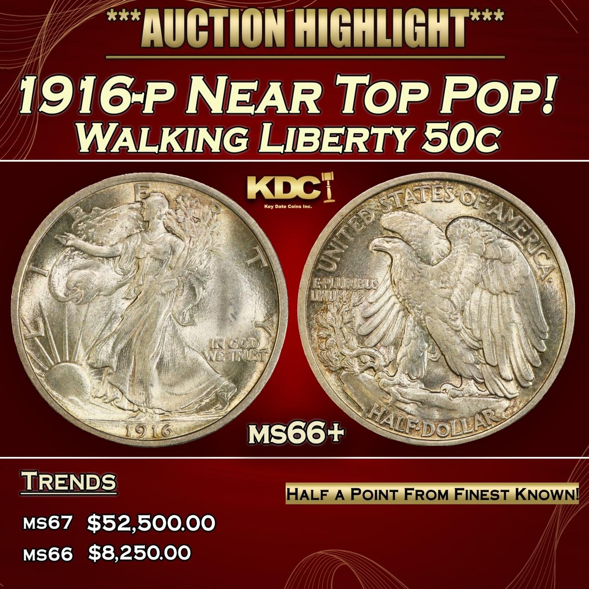 1916-p Walking Liberty Half Dollar Near Top Pop! 50c ms66+ SEGS