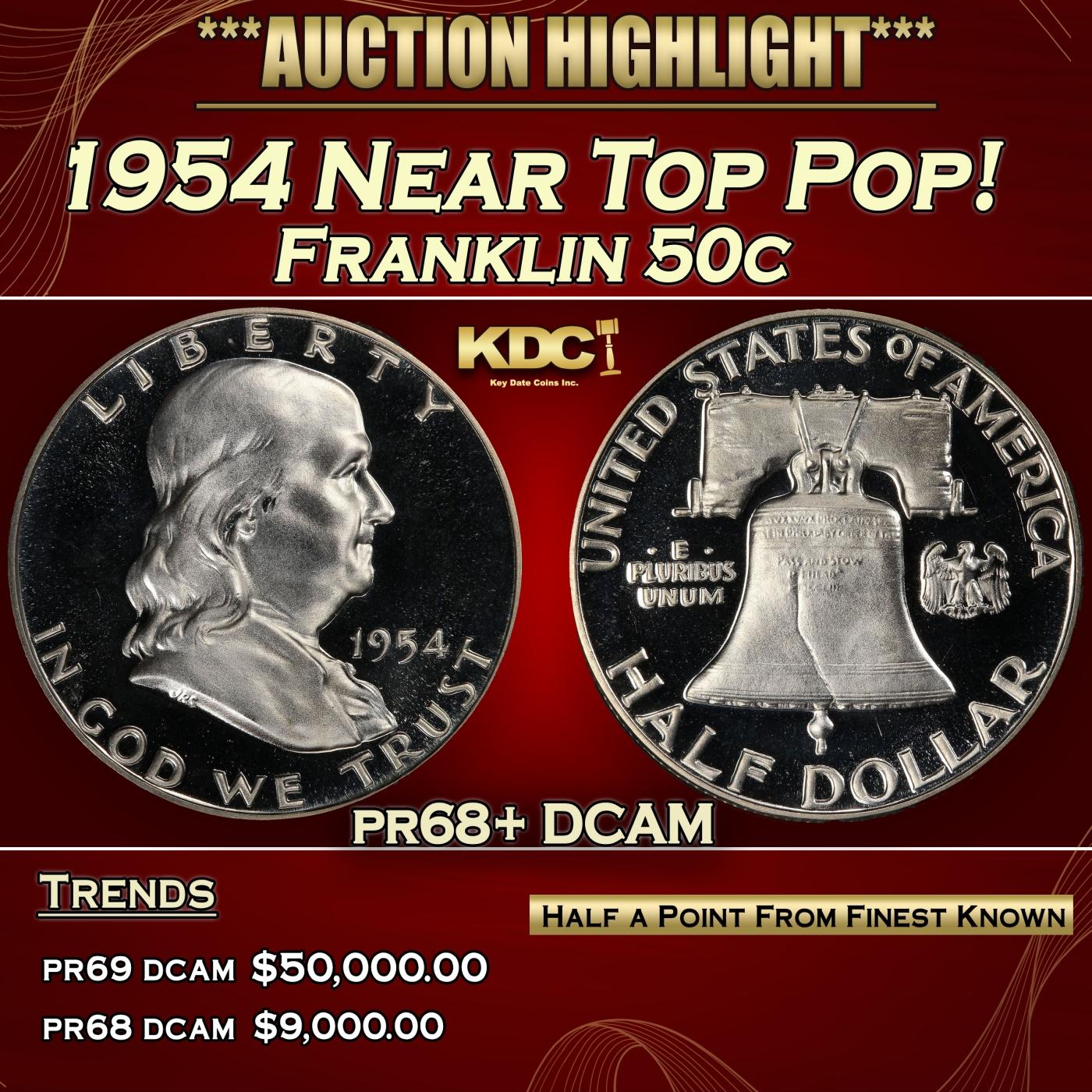 1954 Proof Franklin Half Dollar Near Top Pop! 50c pr68+ DCAM SEGS
