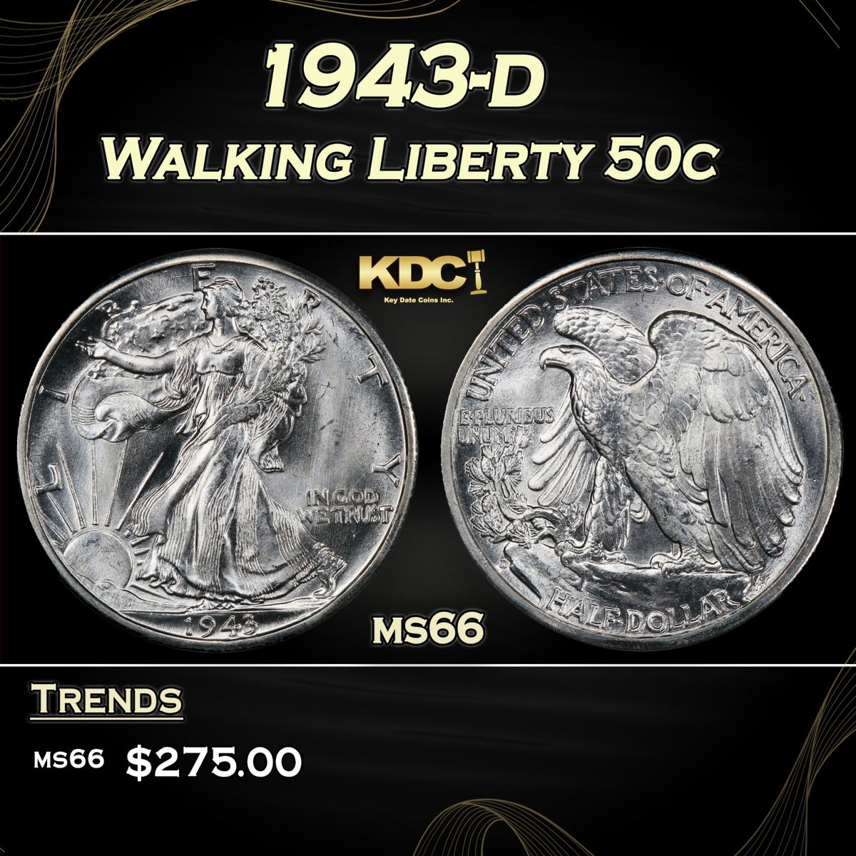 1943-d Walking Liberty Half Dollar 50c Grades ms66