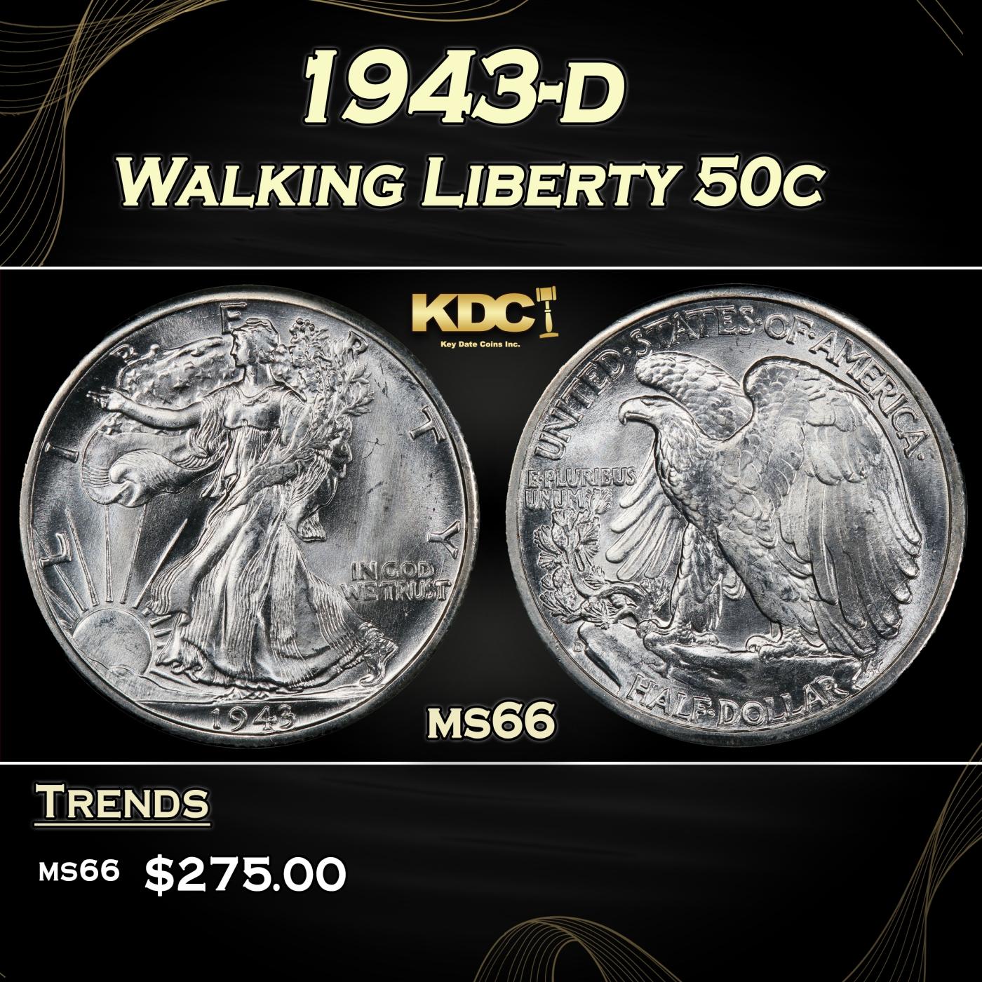 1943-d Walking Liberty Half Dollar 50c Grades ms66