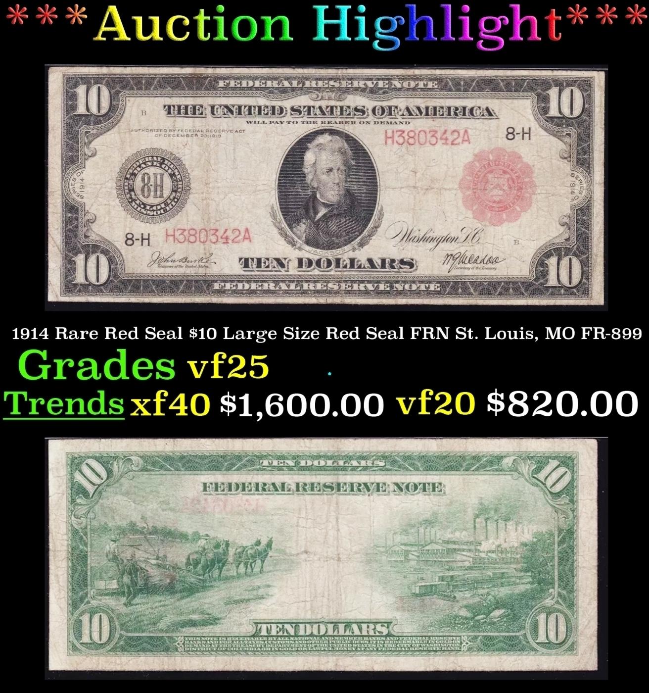 1914 $10 Large Size Red Seal FRN Rare Red Seal St. Louis, MO Grades vf+ FR-899