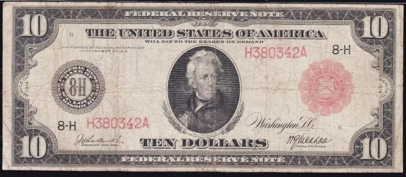 1914 $10 Large Size Red Seal FRN Rare Red Seal St. Louis, MO Grades vf+ FR-899