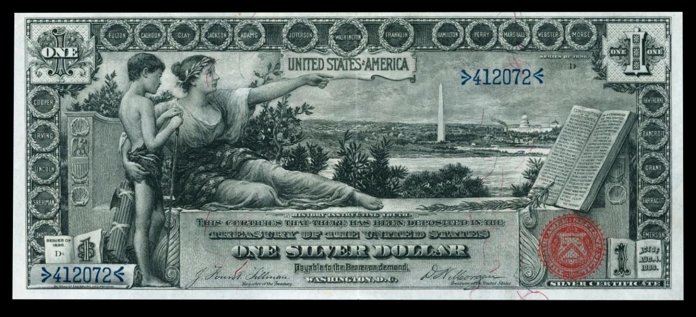 1896 $1 large size Silver Certificate Martha & George Washington "Educational Series" Grades xf Sign