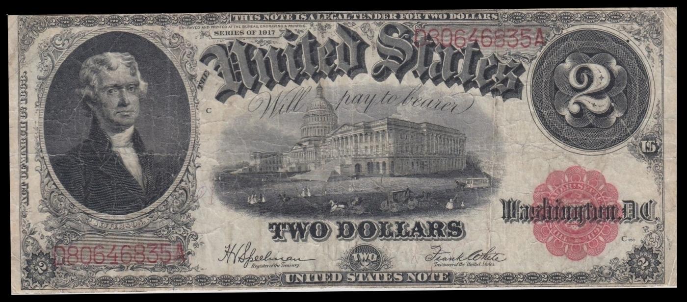 1917 $2 Large Size Legal Tender Note Thomas Jefferson Grades vf+ Signatures Speelman/White