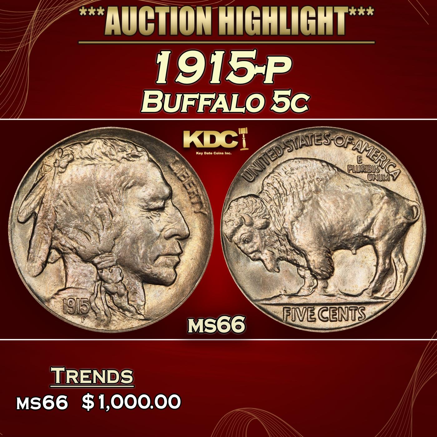 1915-p Buffalo Nickel 5c ms66 SEGS