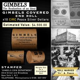 Rare A+ Level GIMBLES 10 Coin Peace Circ Dollar $1 Roll