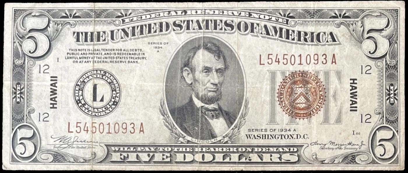 1934A $5 FRN Hawaii WWII Emergency Currency Key To Series Key To Series Grades vf++