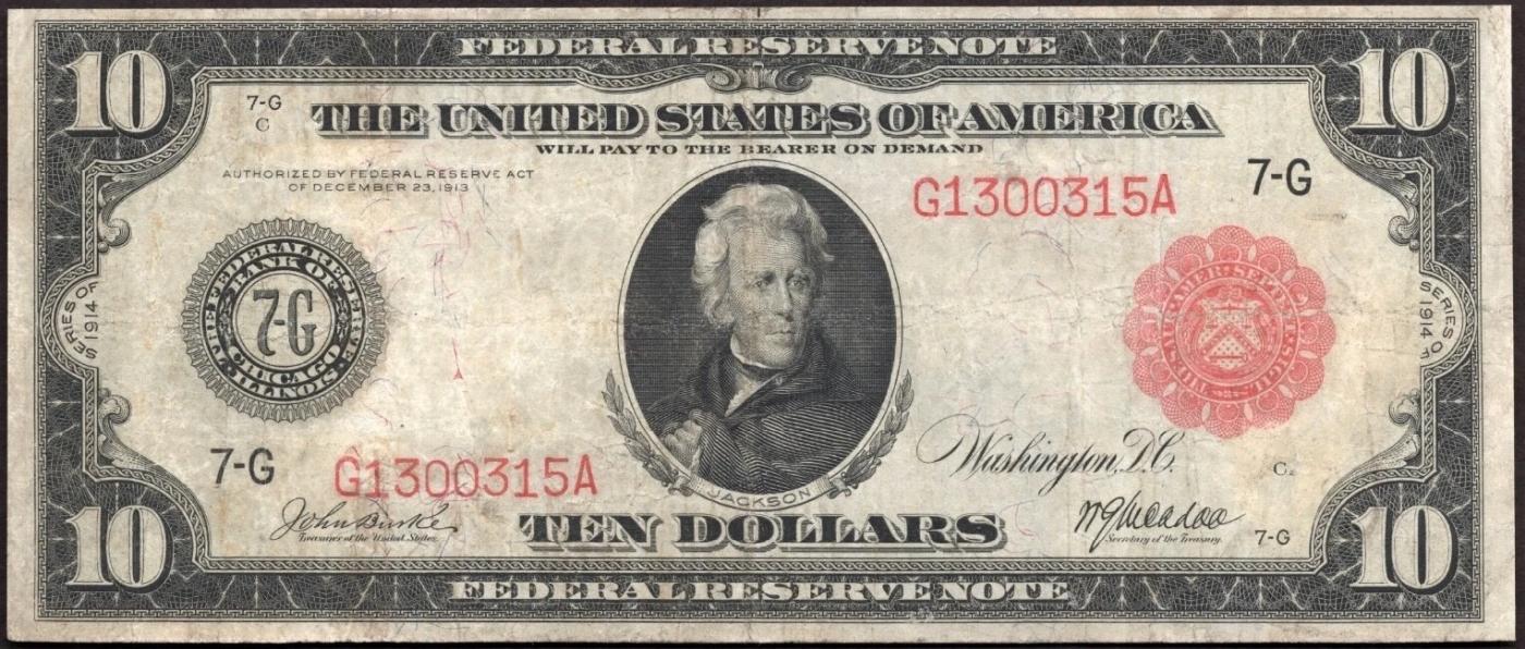 1914 $10 Large Size Red Seal FRN Rare Red Seal Chicago, IL Grades vf+ FR-898