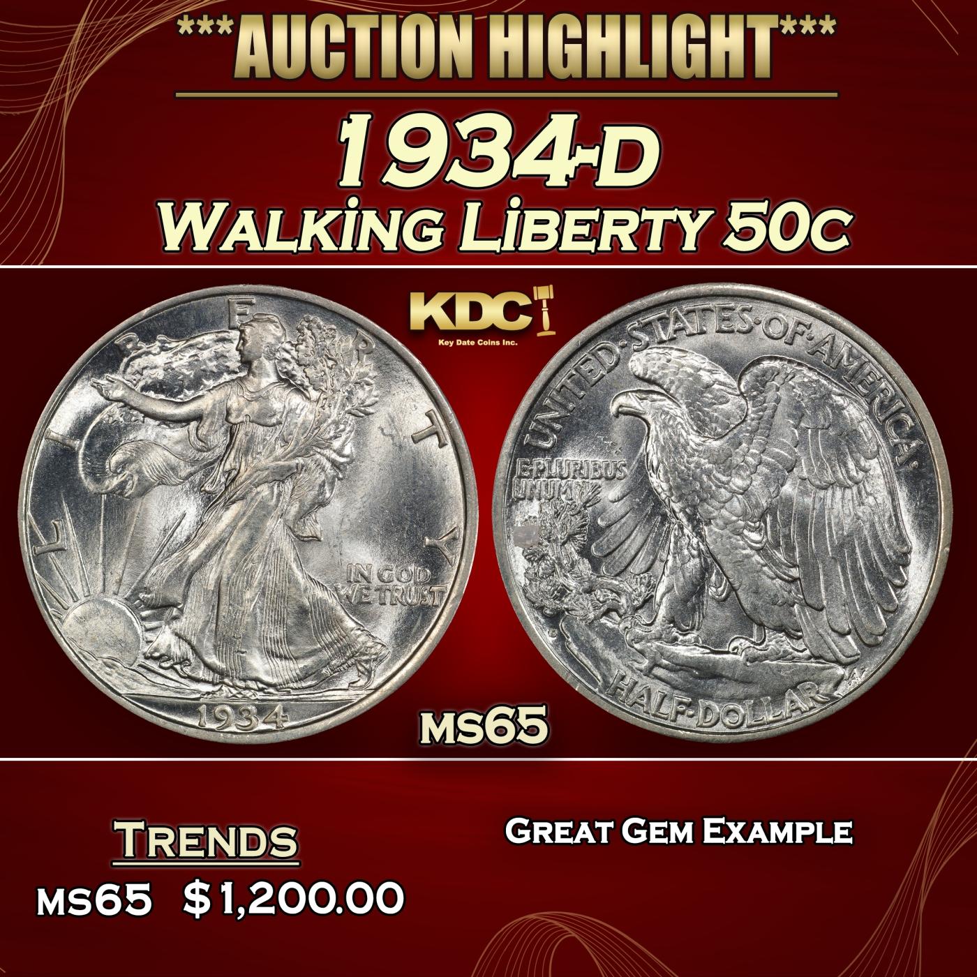 1934-d Walking Liberty Half Dollar 50c ms65 SEGS