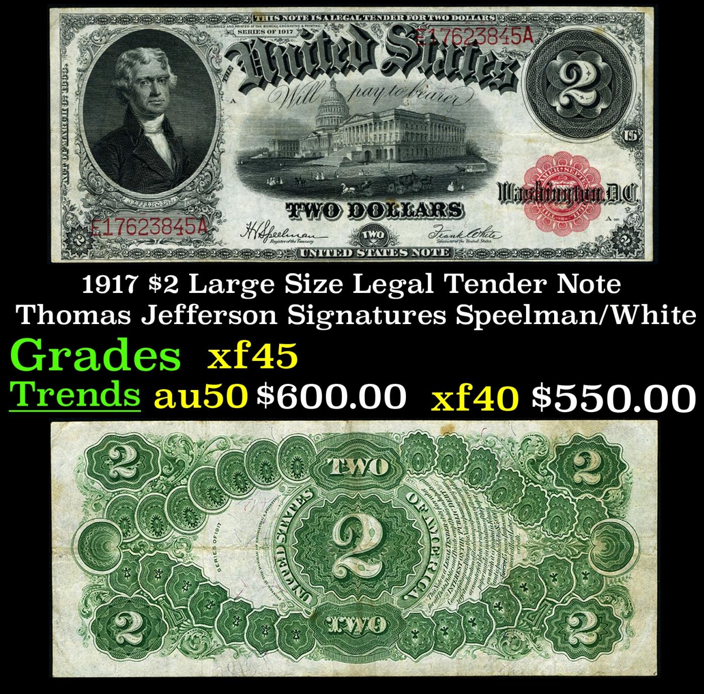 1917 $2 Large Size Legal Tender Note Thomas Jefferson Grades xf+ Signatures Speelman/White