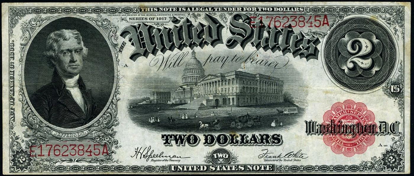 1917 $2 Large Size Legal Tender Note Thomas Jefferson Grades xf+ Signatures Speelman/White