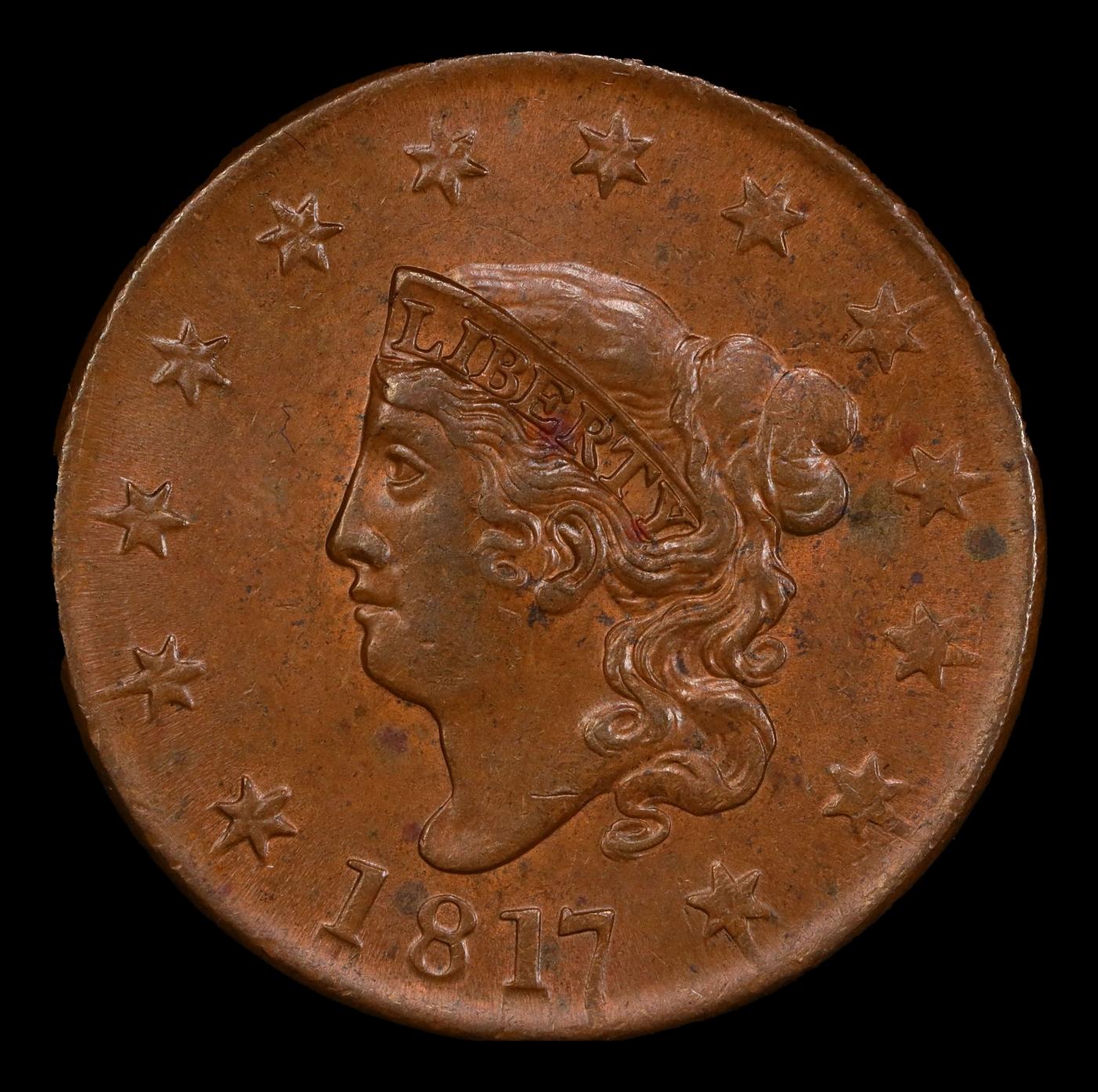 1817 13 Stars Coronet Head Large Cent 1c ms64+ BN SEGS