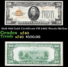 1928 $20 Gold Certificate FR-2402 Woods/Mellon Grades xf