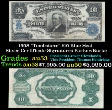 1908 $10 Blue Seal Silver Certificate "Tombstone" Grades Select AU Signatures Parker/Burke