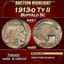 1913-d Ty II Buffalo Nickel 5c ms65 SEGS