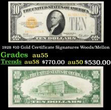 1928 $10 Gold Certificate Signatures Woods/Mellon Grades Choice AU