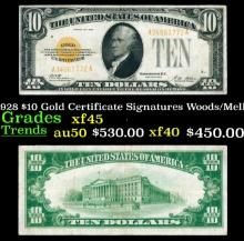 1928 $10 Gold Certificate Signatures Woods/Mellon Grades xf+