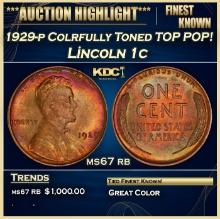 1929-p Lincoln Cent Colrfully Toned TOP POP! 1c ms67 rb SEGS