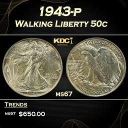 1943-p Walking Liberty Half Dollar 50c ms67 SEGS