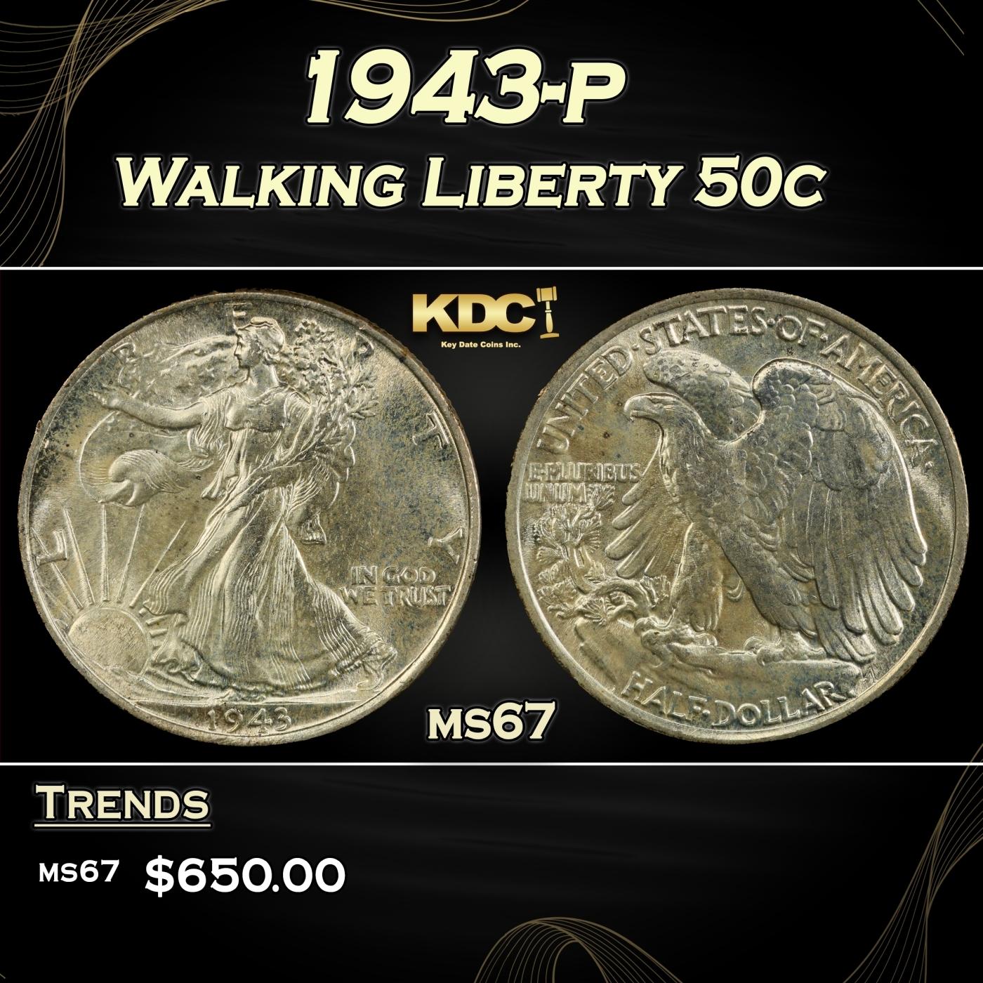 1943-p Walking Liberty Half Dollar 50c ms67 SEGS