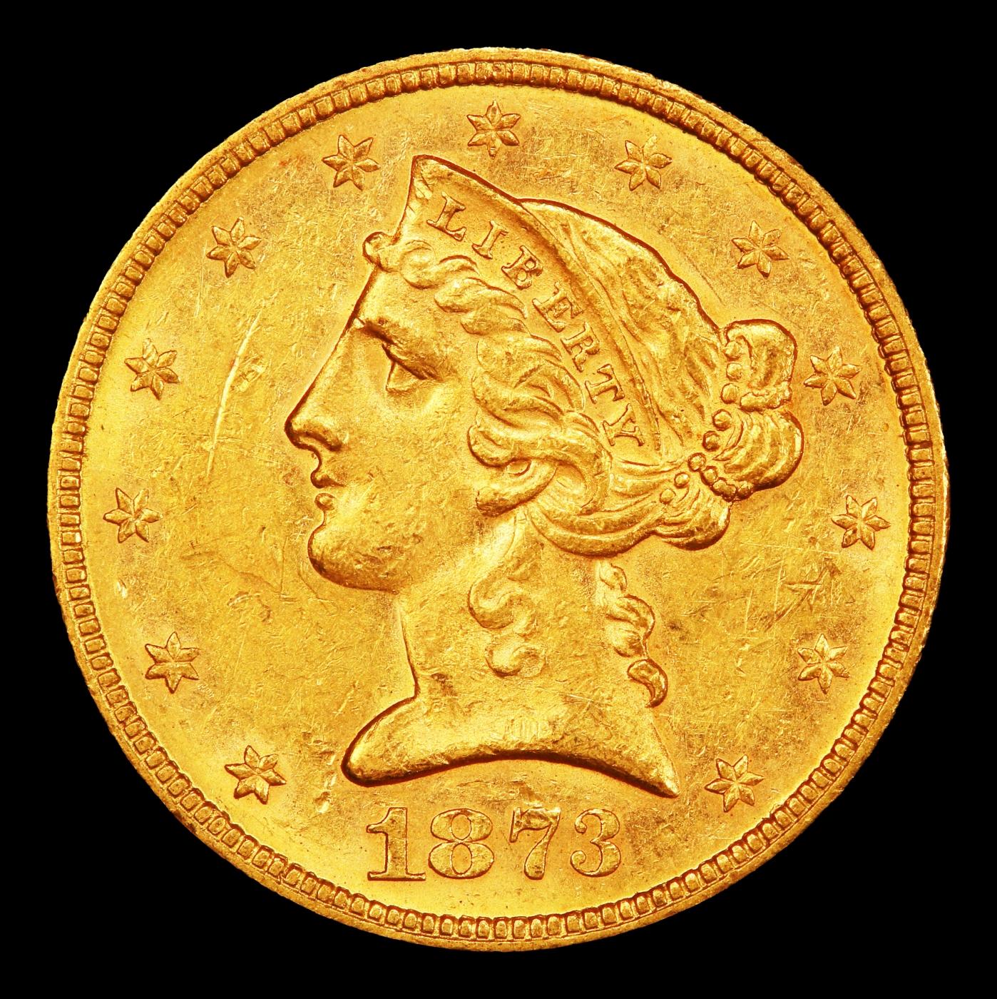 1873 Open 3 Gold Liberty Half Eagle $5 ms62 USCG