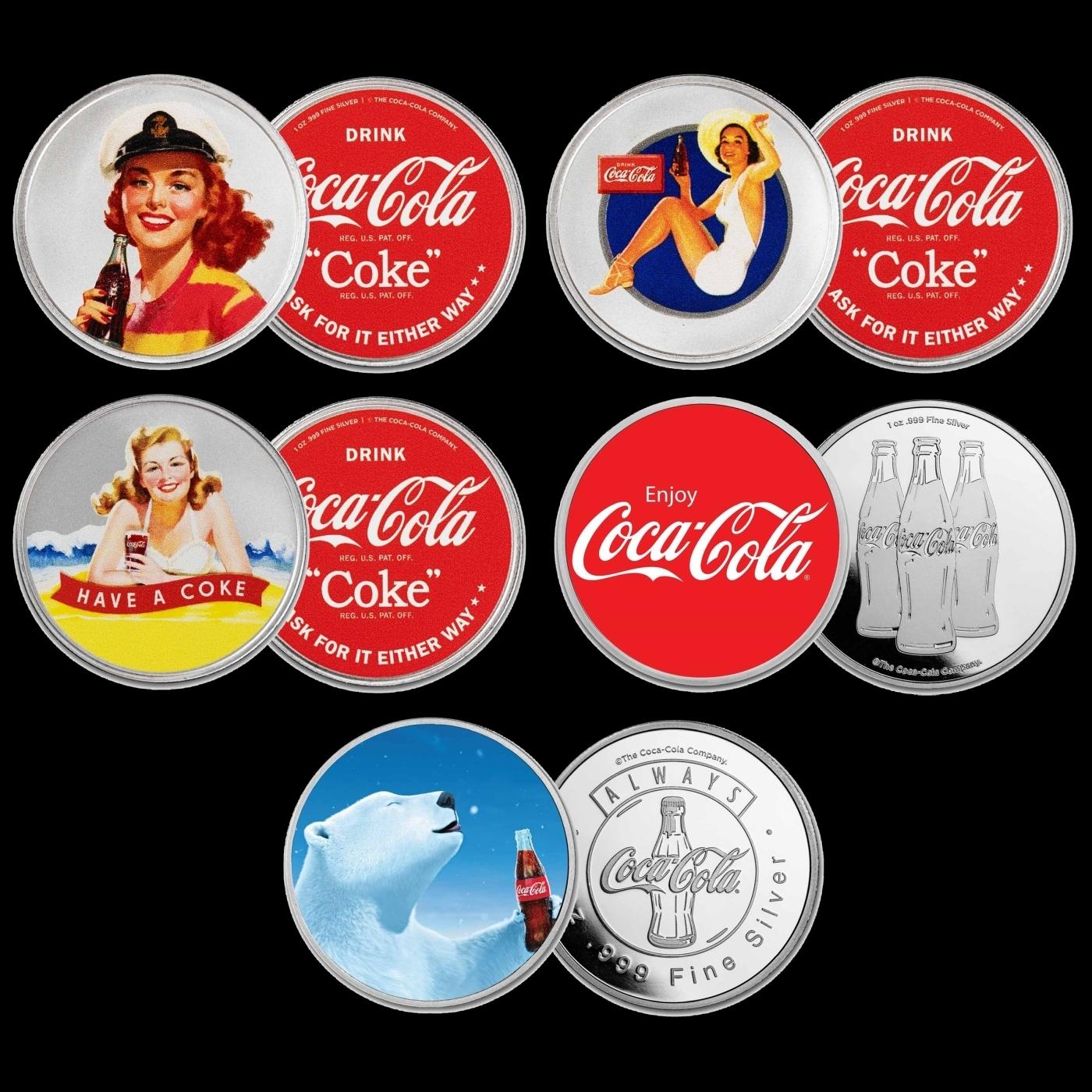 5 OZ .999 Fine Silver Set Coca Cola Colorized Collection
